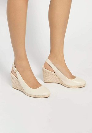 Jambes portant des talons compensés slingback couleur crème avec une texture tissée sur la plateforme, debout sur une surface blanche unie.