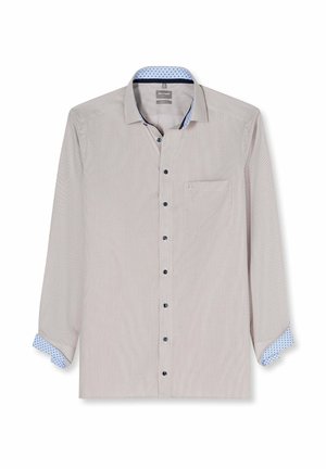 Hellbeiges, langärmeliges Hemd zum Knöpfen mit marineblauen Knöpfen, einer linken Brusttasche und blauem Innenkragen sowie Manschetten mit Punkten.
