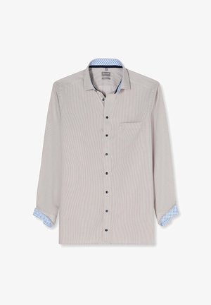 Hellbeiges, langärmeliges Hemd zum Knöpfen mit marineblauen Knöpfen, einer linken Brusttasche und blauem Innenkragen sowie Manschetten mit Punkten.