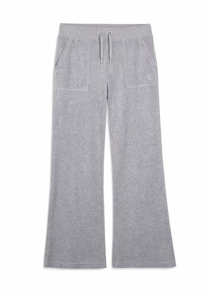 Pantaloni da jogging grigi a gamba ampia realizzati in tessuto morbido, con vita elastica e cordoncino, due tasche frontali e un dettaglio logo discreto.