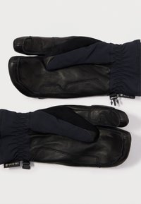 Mustad mustrakindad, millel on tumesinised kangasaktsendid, tekstuuriga pind, elastsed mansetid ja GORE-TEX silt veekindluse tagamiseks.