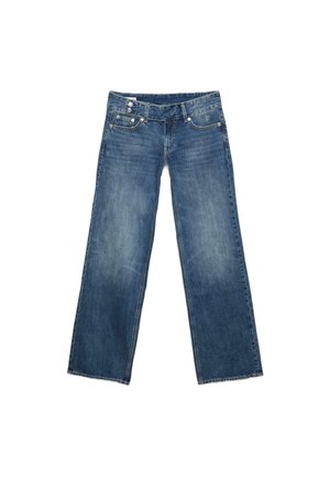 Blå denimjeans med brede, lige ben, forlommer, bæltestropper og dobbel lukkeknap ved taljen.