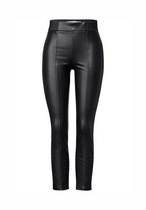 Schwarze Leggings aus Kunstleder mit hoher Taille, glatter Textur und Stichdetails. Die Passform ist schlank und verjüngt sich an den Knöcheln.