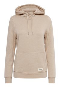 Beige hoodie tillverkad av mjukt material, med dragsko på huvan, framfickor i kangurustil och ribbade muddarna och fållen. Logotags på fickan.