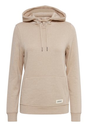 Beige hettegenser laget av mykt stoff, med snorhette, foran kengurulomme og ribbestrikkede mansjetter og hem. Logomerke på lommen.