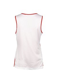 Chaleco deportivo sin mangas blanco con acentos rojos y un tejido de malla texturizada. Presenta un cuello redondo y paneles laterales en rojo.