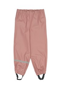 Różowe wodoodporne spodnie z elastycznym pasem, elastycznymi mankietami i szarymi odblaskowymi paskami przy nogawkach. Dołączone regulowane czarne paski.