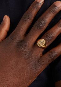 Gouden zegelring op een donkerhuidige hand, met een textuur oppervlak en een gladde, gepolijste band. Gedetailleerde gravure aan de bovenkant.