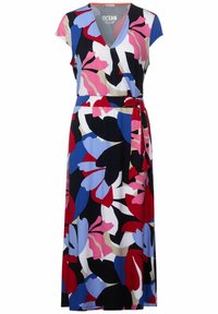 Robe portefeuille florale colorée avec des manches courtes, un col en V et une ceinture à la taille, disponible en rouge, bleu, rose, noir, blanc et beige.