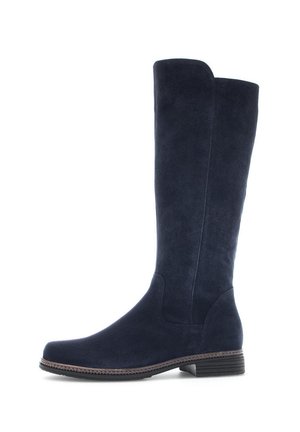 Bottes en suède bleu marine montantes jusqu'au genou, avec une texture lisse, un bout arrondi et un petit talon empilé. Les coutures latérales sont visibles, offrant une silhouette épurée.