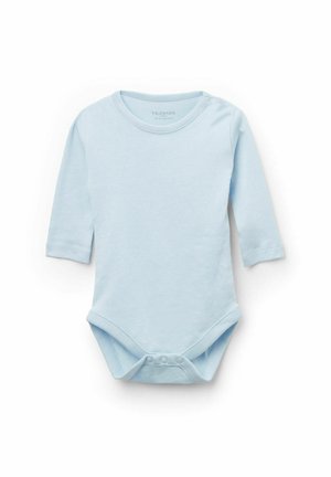 Hellblaues Baby-Bodysuit mit langen Ärmeln aus weicher Baumwolle, mit Rundhalsausschnitt und Druckknöpfen am Boden für ein einfaches Ankleiden.
