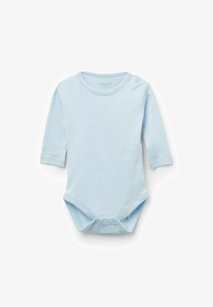 Hellblaues Baby-Bodysuit mit langen Ärmeln aus weicher Baumwolle, mit Rundhalsausschnitt und Druckknöpfen am Boden für ein einfaches Ankleiden.