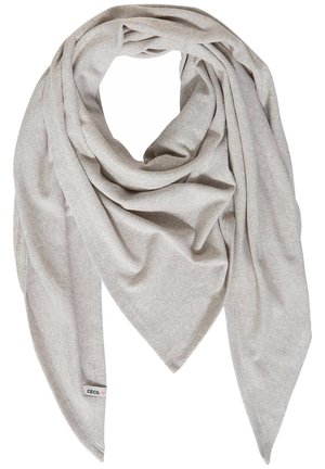 Jasnoszary szalik wykonany z miękkiego materiału, o trójkątnym kształcie z drapowanymi fałdami i małą metką marki w jednym rogu.