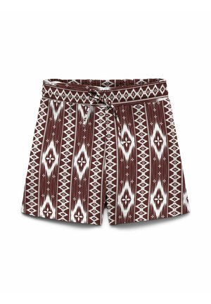 Bruine en witte korte broek met een patroon van geometrische diamantvormen en een tailleband met trekkoord.