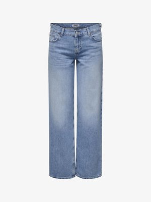 Lyseblå vide jeans med knapp og glidelås foran, samt design med fem lommer, merket "ONLY" på den indre linningen.