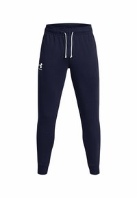 Námořnické jogger nohavice vyrobené z měkké tkaniny, s bočními kapsami, elastickým pasem se stahovací šňůrkou a zúženými nohavicemi. Logo na levém boku.
