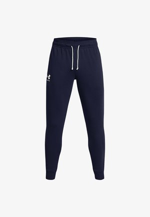 Pantaloni jogging navy in morbido tessuto, con tasche laterali, vita elastica con cordino e gambe affusolate. Logo sul fianco sinistro.