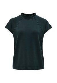 Top verde scuro a maniche corte con collo alto, realizzato in un tessuto liscio e morbido con una vestibilità comoda e design a maniche raglan.