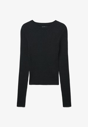 Schwarzer gerippter Pullover mit langen Ärmeln und Rundhalsausschnitt. Das Material scheint weich und strukturiert zu sein und hat eine körpernahe Silhouette.