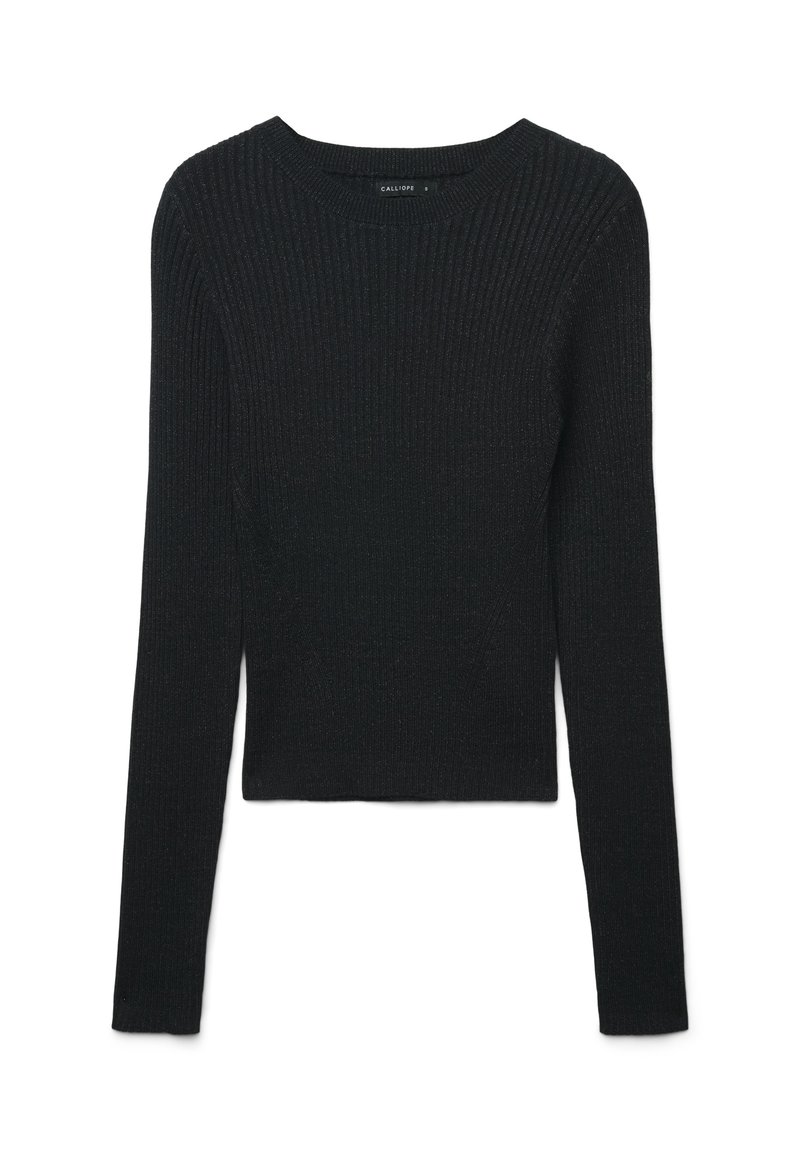 Maglione nero a coste con maniche lunghe e scollo rotondo. Il materiale sembra morbido e strutturato, con una silhouette aderente.