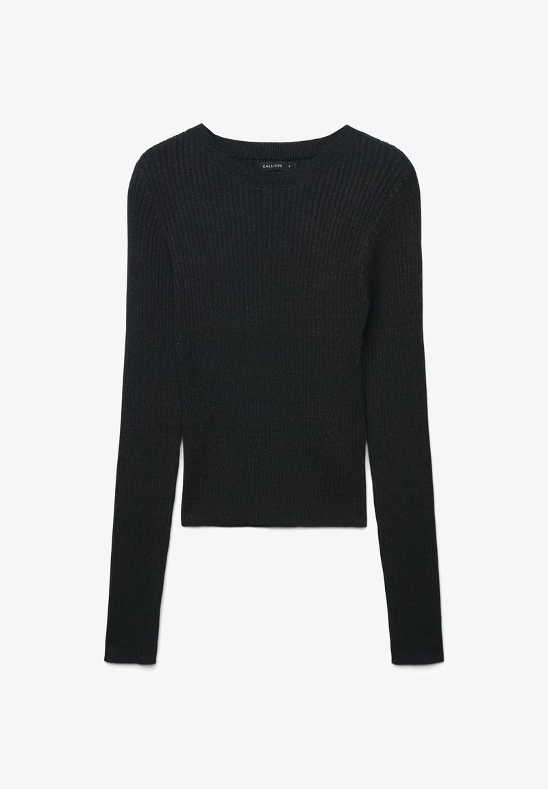 Schwarzer gerippter Pullover mit langen Ärmeln und Rundhalsausschnitt. Das Material scheint weich und strukturiert zu sein und hat eine körpernahe Silhouette.