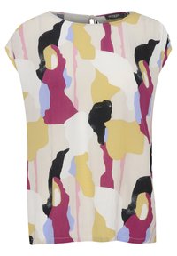 Top de manga corta en tejido ligero con un estampado abstracto en colores como rosa, amarillo y negro. Cuello redondo con abertura en la parte posterior.