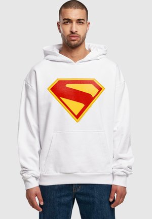 White hoodie featuring a large red and yellow Superman logo on the front. Includes a kangaroo pocket and drawstring hood.