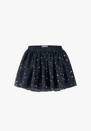 Jupe en tulle bleu marine avec des pois en sequins argentés, taille élastique froncée et tissu superposé pour plus de volume.