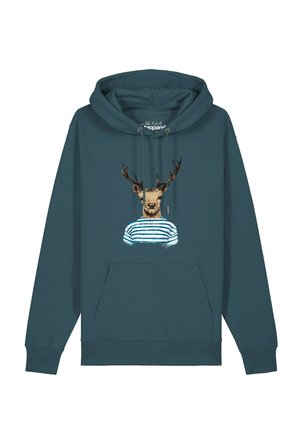 Dunkeltürkiser Kapuzenpullover mit Fronttasche, mit einer Grafik eines Hirschkopfs, der ein blau-weiß gestreiftes Hemd trägt.