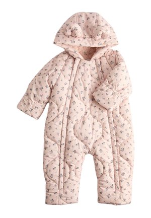 Rosa gesteppter Baby-Schneeanzug mit kleinem Blumenmuster, Kapuze mit gepolsterten Ohren und langen Ärmeln, für Wärme und Komfort entworfen.