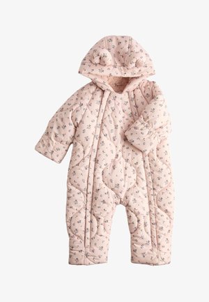 Rosa gesteppter Baby-Schneeanzug mit kleinem Blumenmuster, Kapuze mit gepolsterten Ohren und langen Ärmeln, für Wärme und Komfort entworfen.