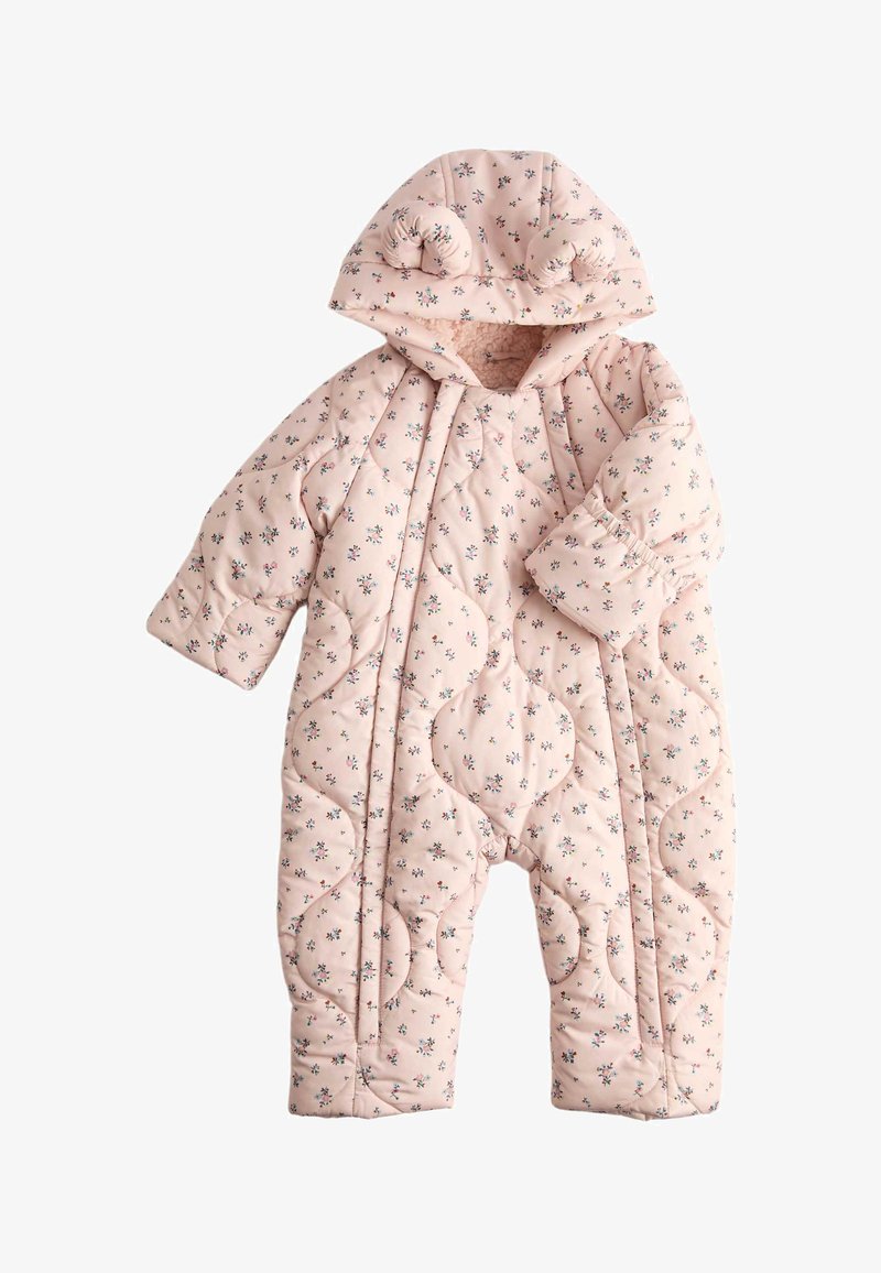 Pink quilted baby snowsuit with small floral print, hood with padded ears, and long sleeves, designed for warmth and comfort.