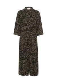 Robe avec imprimé léopard vert et noir, dotée d'un col, de manches trois-quarts, de boutons à l'avant et d'une taille à cordon.