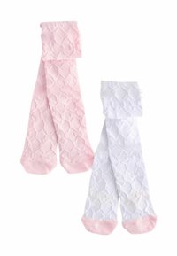 Calze al ginocchio rosa e bianche con motivo a diamante, caratterizzate da una superficie liscia e da polsini a tinta unita in contrasto.