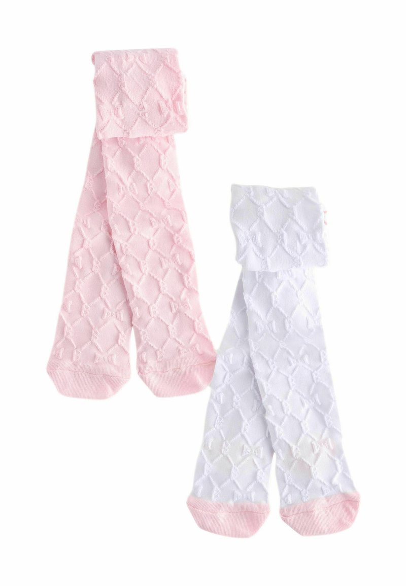 Calze al ginocchio rosa e bianche con motivo a diamante, caratterizzate da una superficie liscia e da polsini a tinta unita in contrasto.