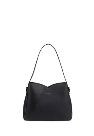 Schwarze Leder-Schultertasche mit gewölbtem oberen Rand, langem Riemen und kleinem silbernem Markenlogo vorne in der Mitte.