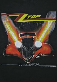 Gráfico de un coche clásico rojo con faros prominentes, que presenta ráfagas de luz dramáticas contra un fondo negro. Incluye el texto "Z TOP" y "ELIMINATOR".