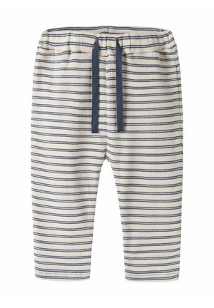 Spodnie z mieszanki bawełny z poziomym wzorem w kremowe i granatowe paski, z elastycznym pasem i sznurkiem do regulacji dopasowania.