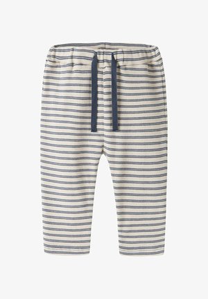 Pantalon en mélange de coton avec un motif de rayures horizontales crème et marine, doté d'une taille élastique et d'un cordon de serrage pour un ajustement personnalisé.