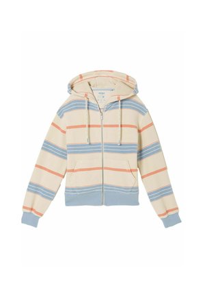 Beiger Kapuzenpullover zum Reißverschluss mit blauen und orangen horizontalen Streifen, Kordelzug an der Kapuze, Fronttaschen sowie blauen, gerippten Bündchen und Saum.