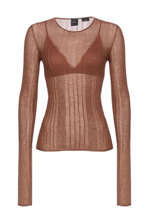 Maglietta marrone a maniche lunghe realizzata in tessuto trasparente con texture a coste verticali e scollatura rotonda, caratterizzata da un design triangolare stratificato sul busto.