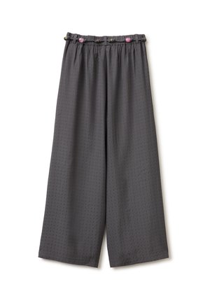Pantaloni grigio scuro a gamba larga con vita elastica con perline decorative rosa e verdi, isolati su sfondo bianco.