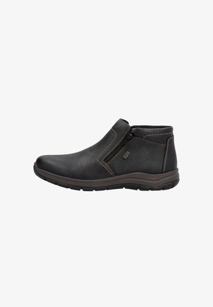 Schwarze Lederstiefeletten mit strukturiertem Finish, ausgestattet mit einem seitlichen Reißverschluss, kontrastierendem braunem Nähten und einer langlebigen Gummisohle.