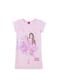 Abito in cotone rosa con maniche corte, caratterizzato da una grafica di una ballerina in tutù rosa. "TOP Model" stampato in rosa scintillante nella parte inferiore.