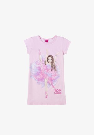 Abito in cotone rosa con maniche corte, caratterizzato da una grafica di una ballerina in tutù rosa. "TOP Model" stampato in rosa scintillante nella parte inferiore.