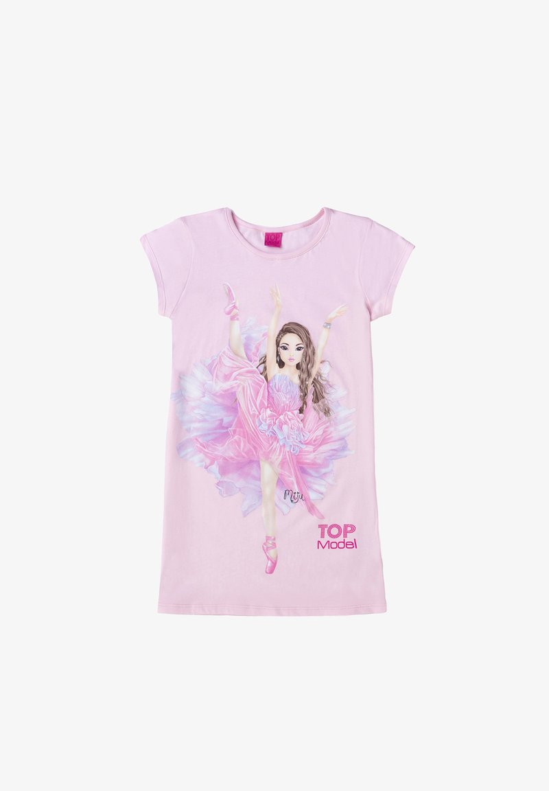 Abito in cotone rosa con maniche corte, caratterizzato da una grafica di una ballerina in tutù rosa. "TOP Model" stampato in rosa scintillante nella parte inferiore.