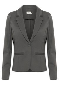 Blazer gris con ajuste slim, cierre de un solo botón, solapas muesca, dos bolsillos frontales y textura de tela suave.