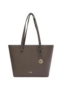Braune Ledertasche mit doppelten Griffen, goldfarbener Hardware und einem runden Anhänger. Sie verfügt über eine strukturierte Form und eine glatte Textur.