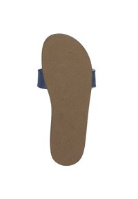 Dark blue sandal featuring a textured, rubber sole and a single strap design. The underside has a patterned grip for stability.