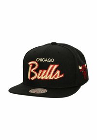 Black snapback cap featuring embroidered "Bulls" in red and gold font, with "Chicago" above and logo on the side. Flat brim, standard size.
